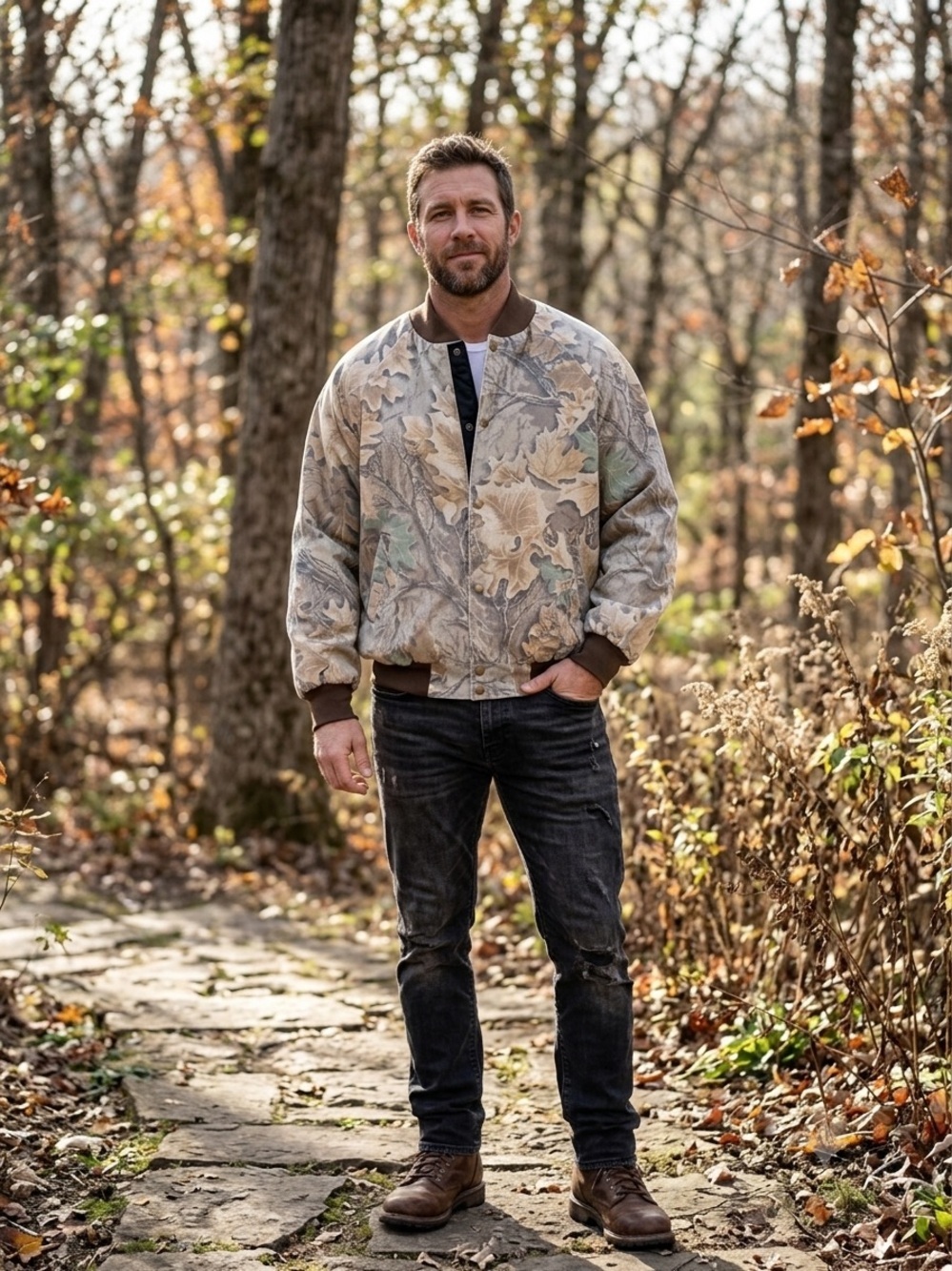 Westark Men's Leaf-Print Beige Bomber Jacket